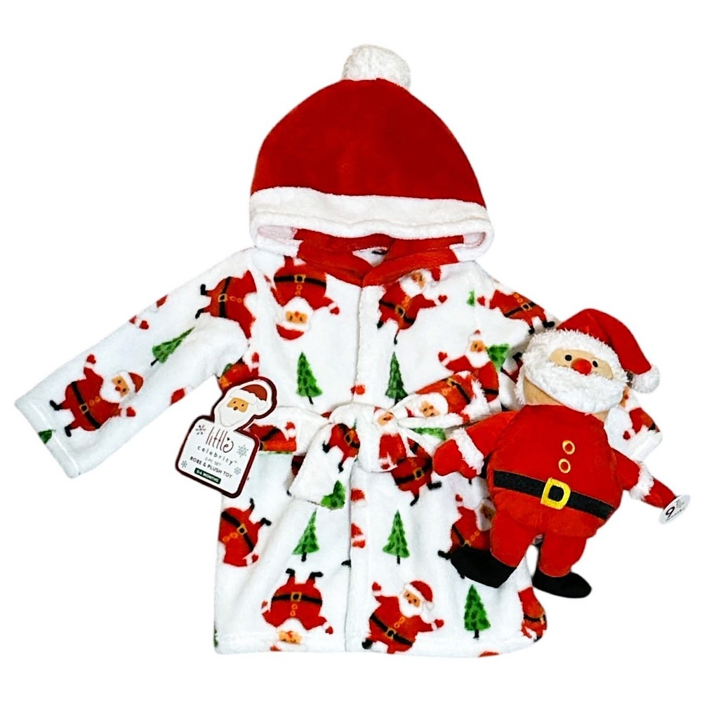 Little Celebrity Christmas Bathrobe w Santa Plush 0–6 mo 2 pc Holiday Set NWT